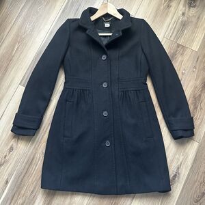 J.Crew Skirted Wool Blend Coat Black Size 4 Gathered Waist Fit Flare Button